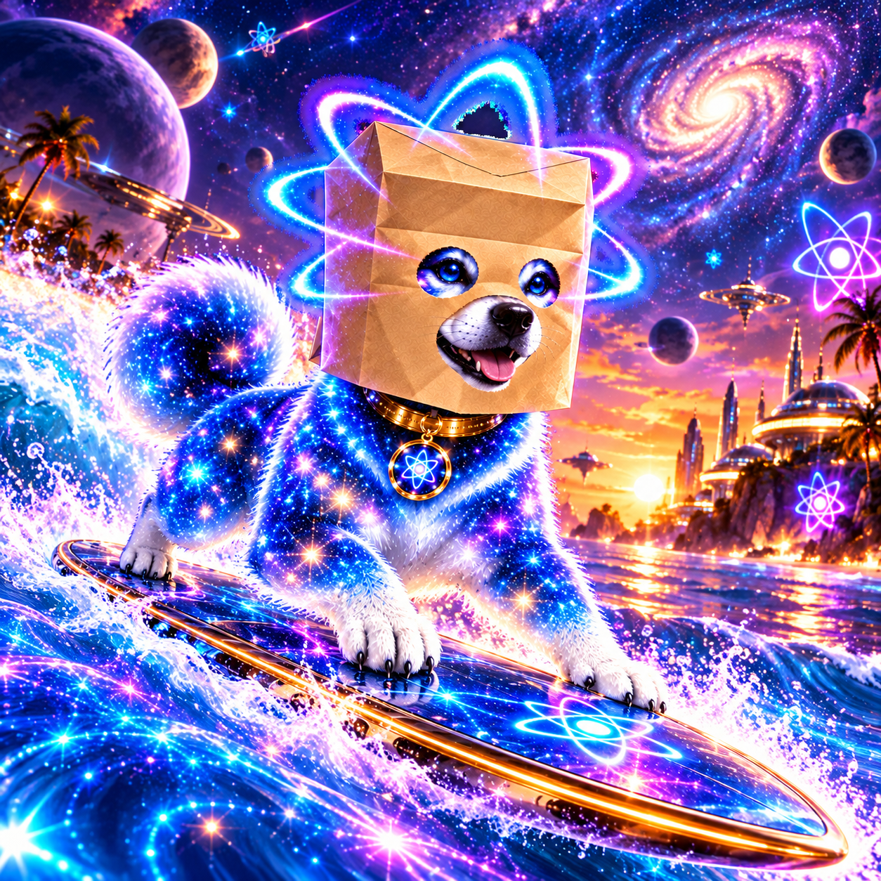 Cosmic paper-bag Inu surfing neon waves beneath a galaxy-filled sky
